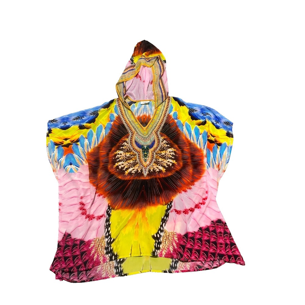 CAMILLA Beaded Hooded Silk Kaftan Tunic Top Silk Boho Luxe Vibrant Color $850 - Picture 2 of 8